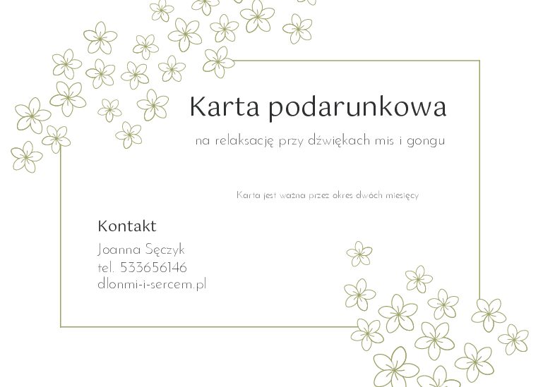Karta podarunkowa - relaksacja przy dźwiękach mis i gongu